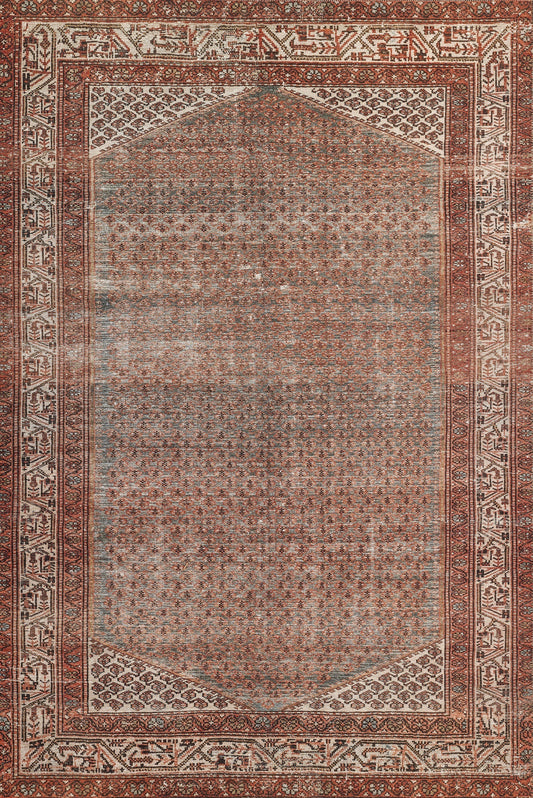 Rectangular distressed vintage rug with muted blue-gray central field, rust-red borders and ivory geometric trim.