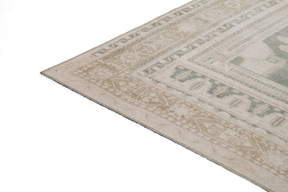 Beige-gray oriental area rug with decorative border; corner edge visible on white background.