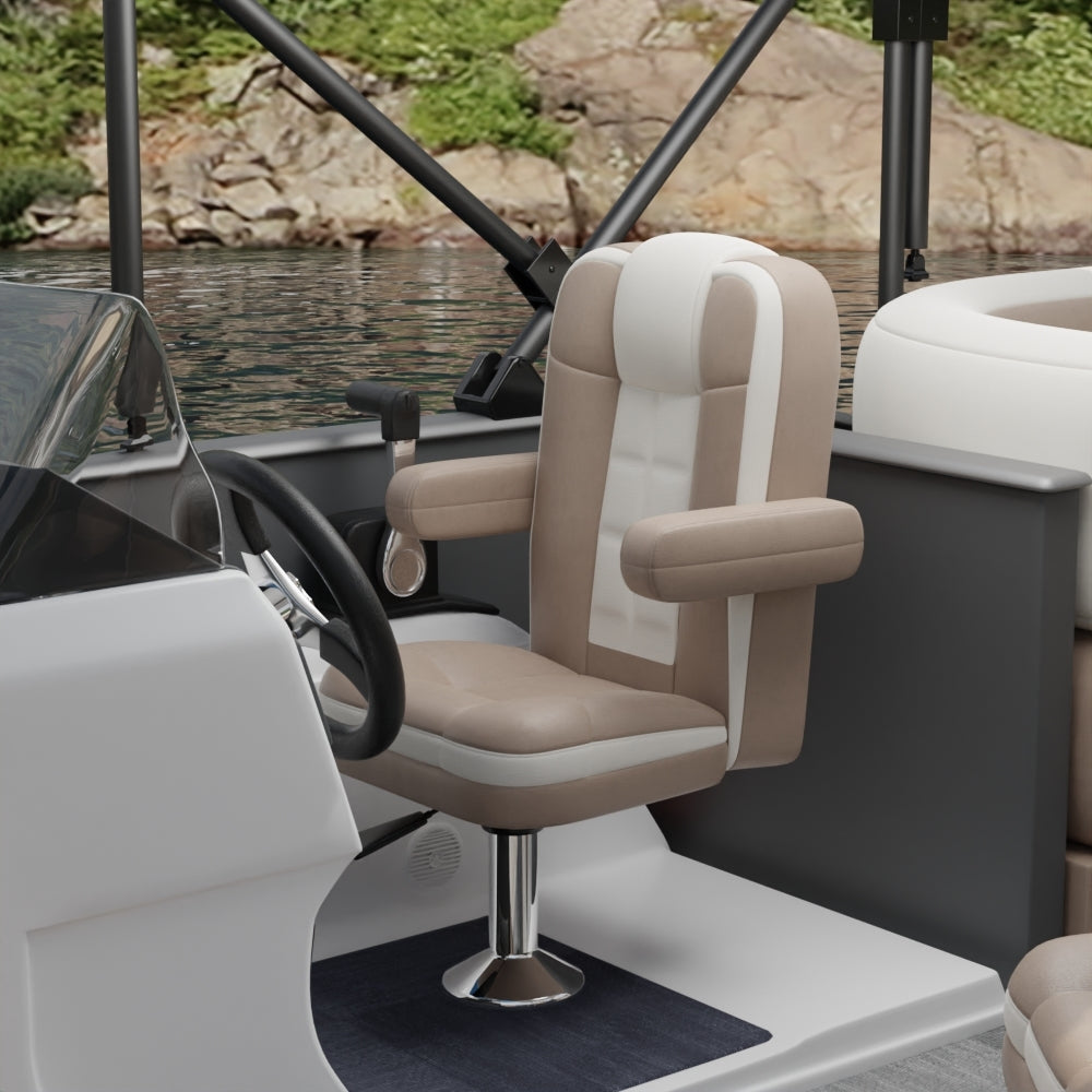 Brown solid fabric captain chair with padded armrests on a chrome pedestal, in a cockpit.