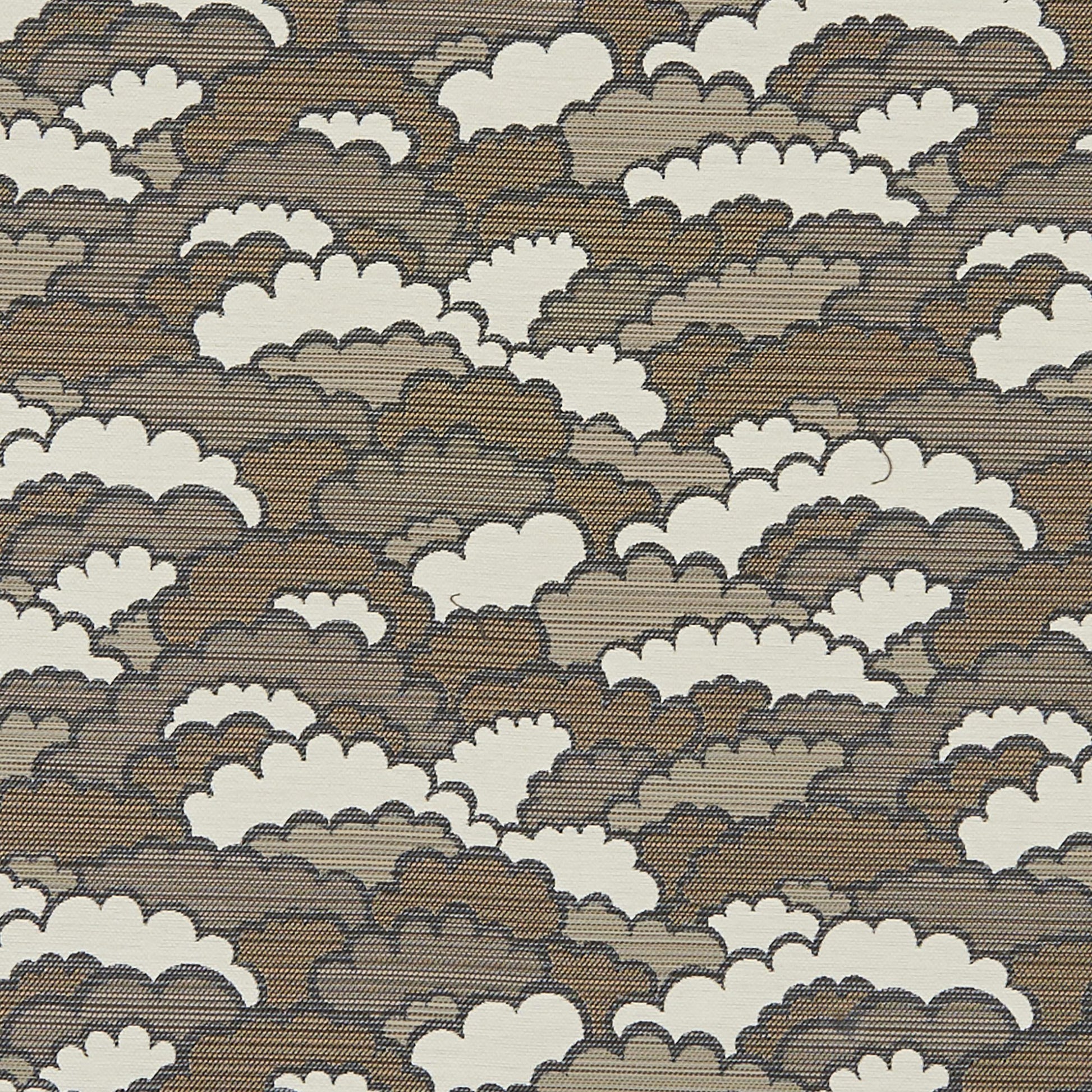 Brown and tan fabric with white cloud shapes in a repeating pattern; textured jacquard fabric suitable for apparel or decor.