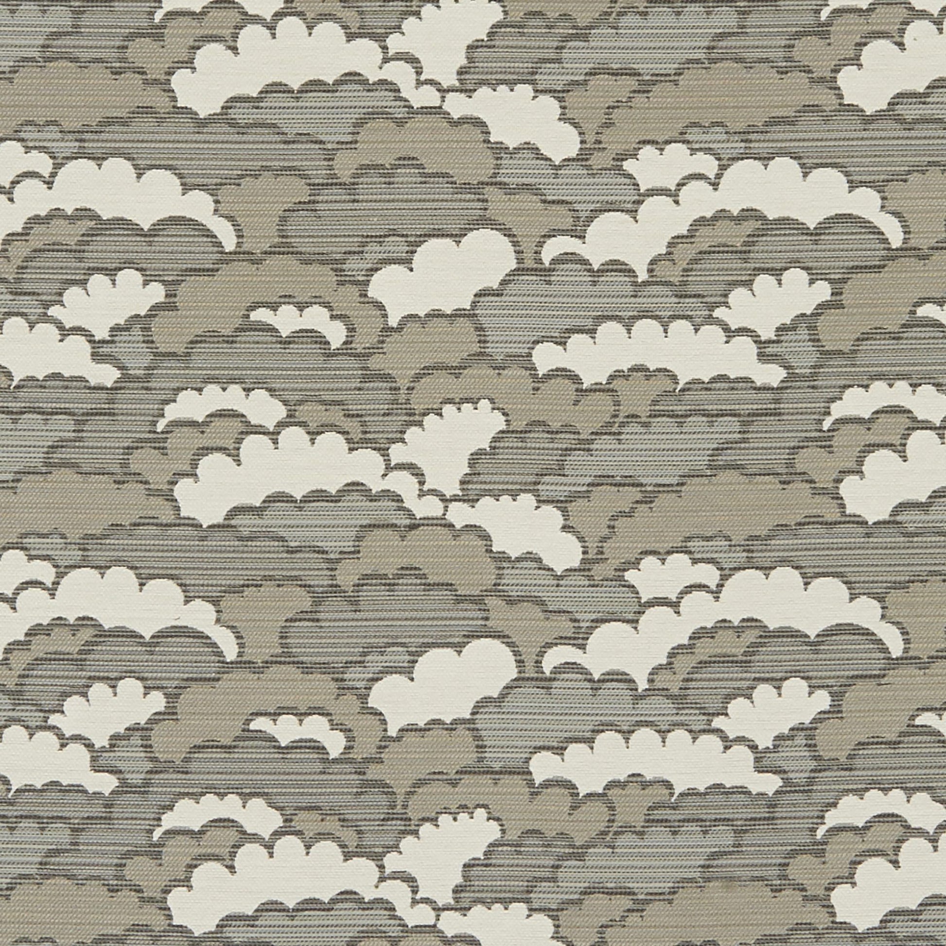 Neutral cloud-pattern fabric in taupe and ivory on a subtle beige striped background, textile for upholstery or drapery