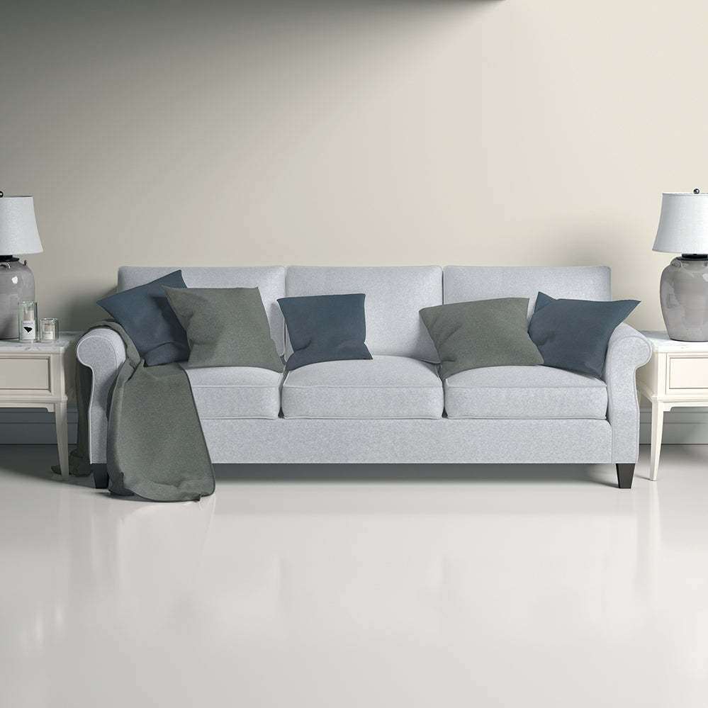 Light gray fabric sofa with blue and gray pillows, gray throw blanket, flanked by white end tables and matching lamps.