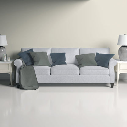 Light gray fabric sofa with blue and gray pillows, gray throw blanket, flanked by white end tables and matching lamps.