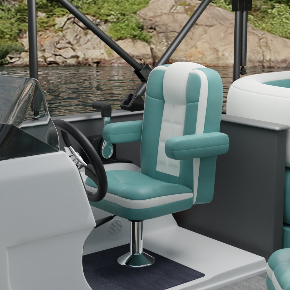 Blue solid fabric captain chair on a boat with a chrome pedestal, steering wheel, and water in the background.