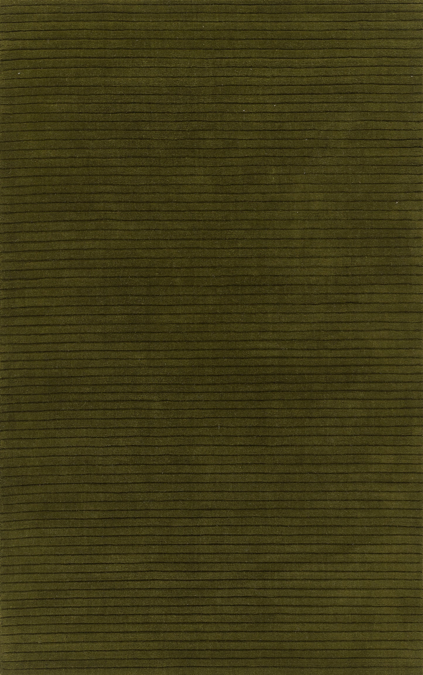 Olive-green rug with a subtle ribbed texture and fine horizontal ridges, 2' x 4'.