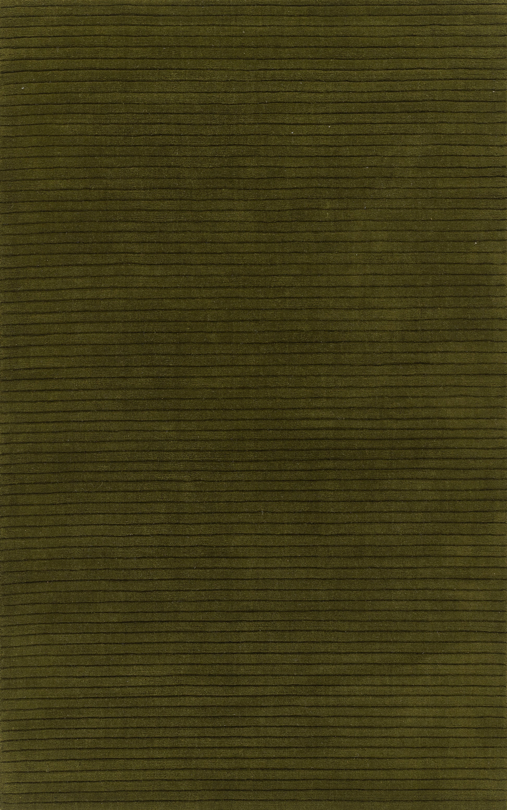 Olive-green rug with a subtle ribbed texture and fine horizontal ridges, 2' x 4'.