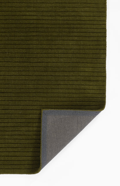 Olive green ribbed rug with horizontal stripes; corner folded to reveal gray backing.