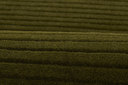 Olive green ribbed rug with stacked cord-like texture; contemporary flat-weave style.