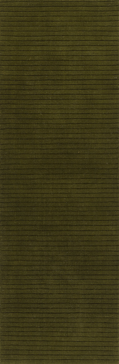 Olive green rug with subtle horizontal stripes and a corduroy-like texture, shown as a tall rectangular rug.