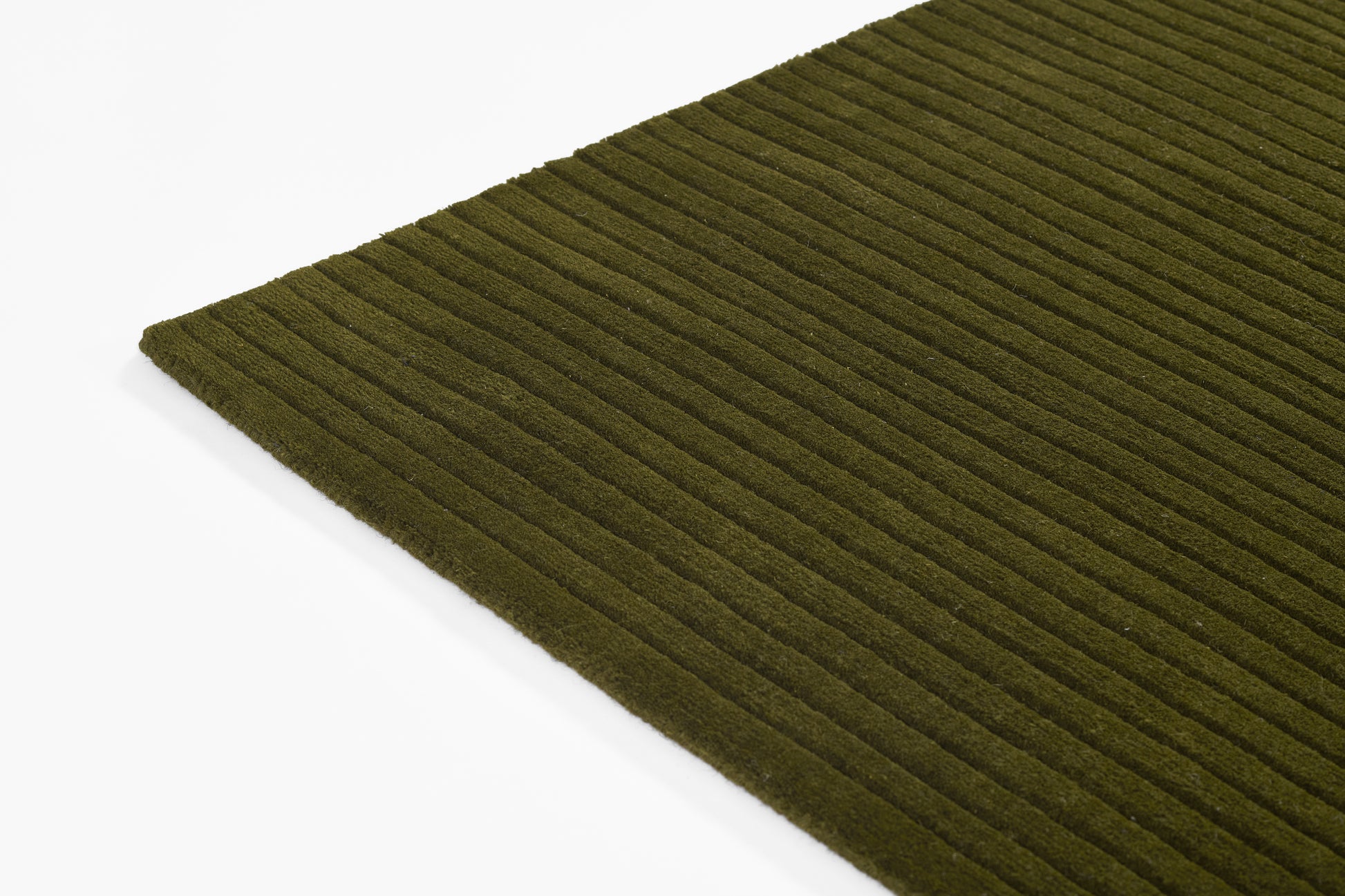 Olive green ribbed rectangular rug with parallel lines, plush texture for living spaces.
