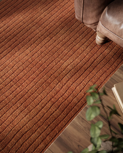 Orange-brown textured striped rug on wood floor with a brown sofa leg and a leafy plant nearby.