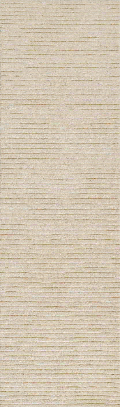 Beige textured rug with horizontal ribbed grooves, flat-weave look, soft neutral decor accessory.