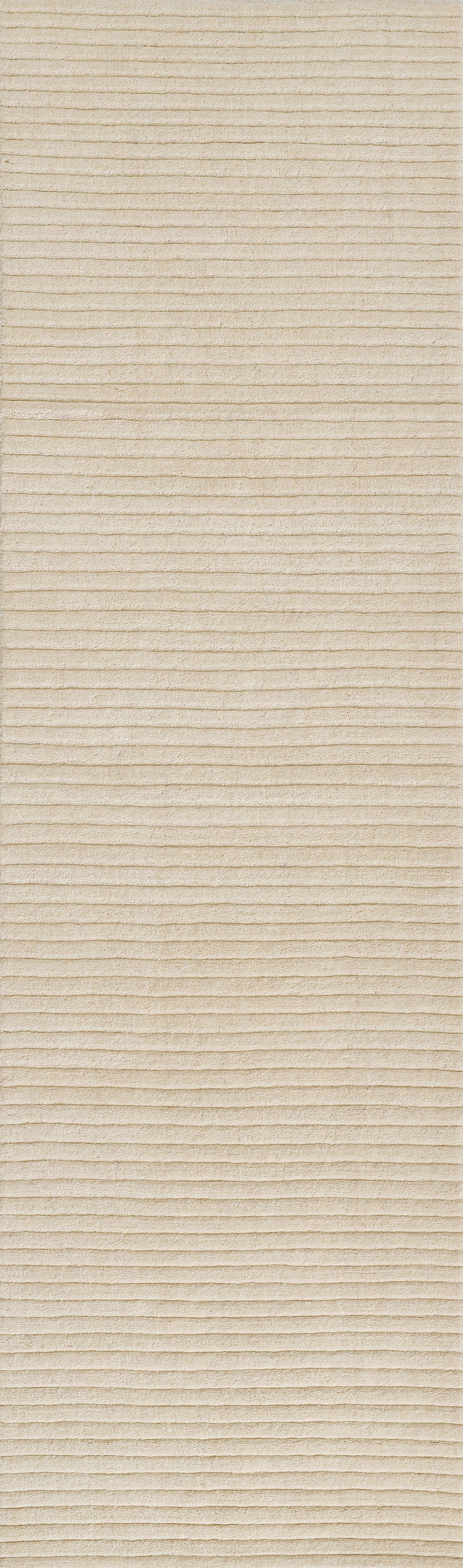 Beige textured rug with horizontal ribbed stripes and soft, low-pile feel.