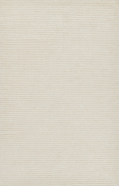 Cream ribbed rug with subtle horizontal lines; soft woven textile.