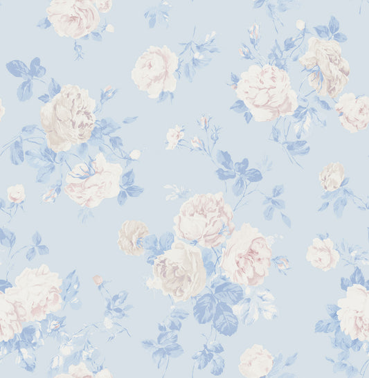 York Wallcoverings A-Street Prints Everblooming Rosettes Whisper Blue Cabbage Rose Bouquets Wallpaper Botanical Vintage Whisper Blue  Wallpaper - AST6492