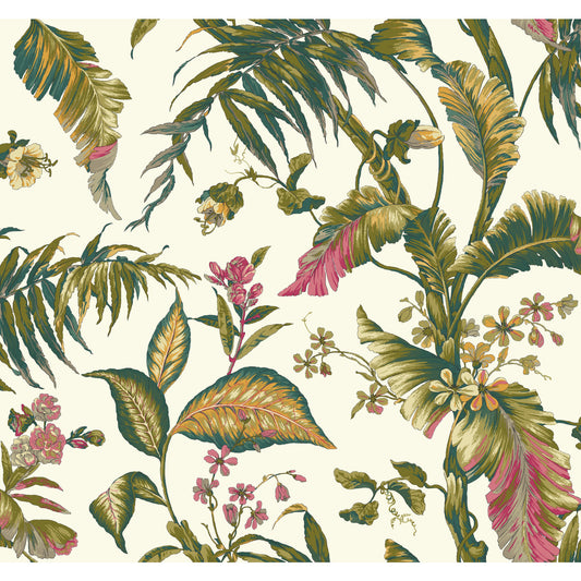 York Wallcoverings Best Sellers Fiji Garden White and Teal Wallpaper  Tropical Whites and Off-Whites  Wallpaper - AT7092