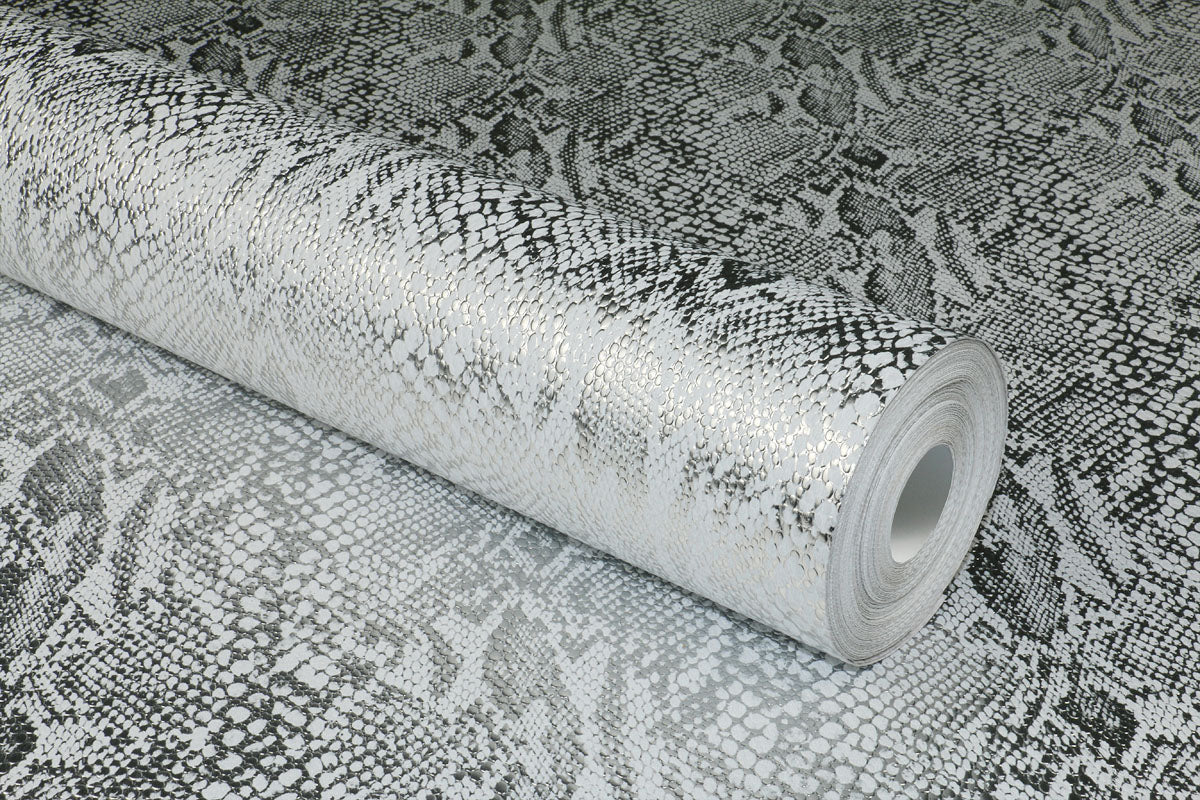 Vinyl wallcovering with Python Mylar design.