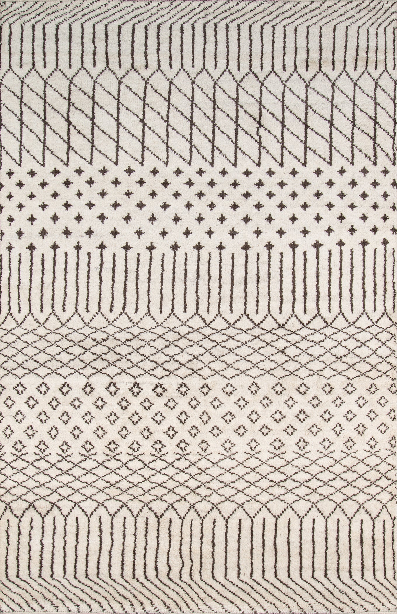 Beige woven rug with dark brown geometric motifs—diamonds, lattice, tiny cross dots and looping arched borders.