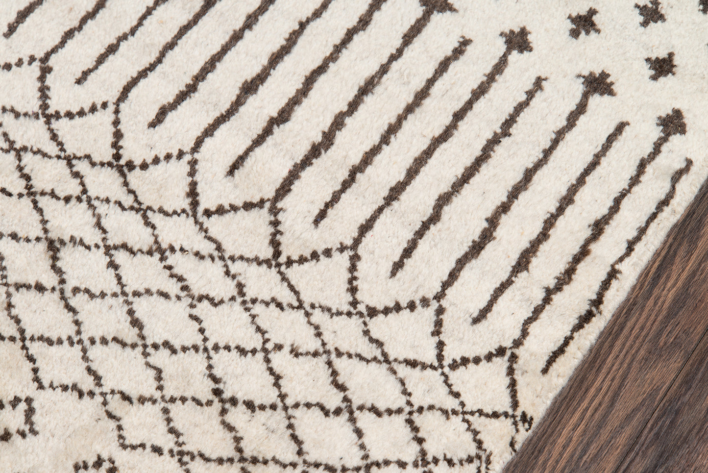 Beige rug with dark brown linear lattice stripes; modern geometric pattern on wood floor corner.