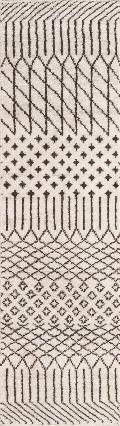 Neutral beige woven blanket with dark brown geometric tribal motifs; rectangular throw.