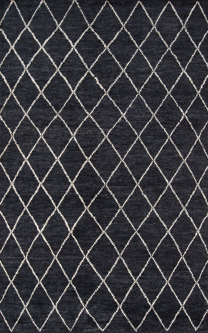 Charcoal rug with white diamond lattice pattern; modern geometric style.