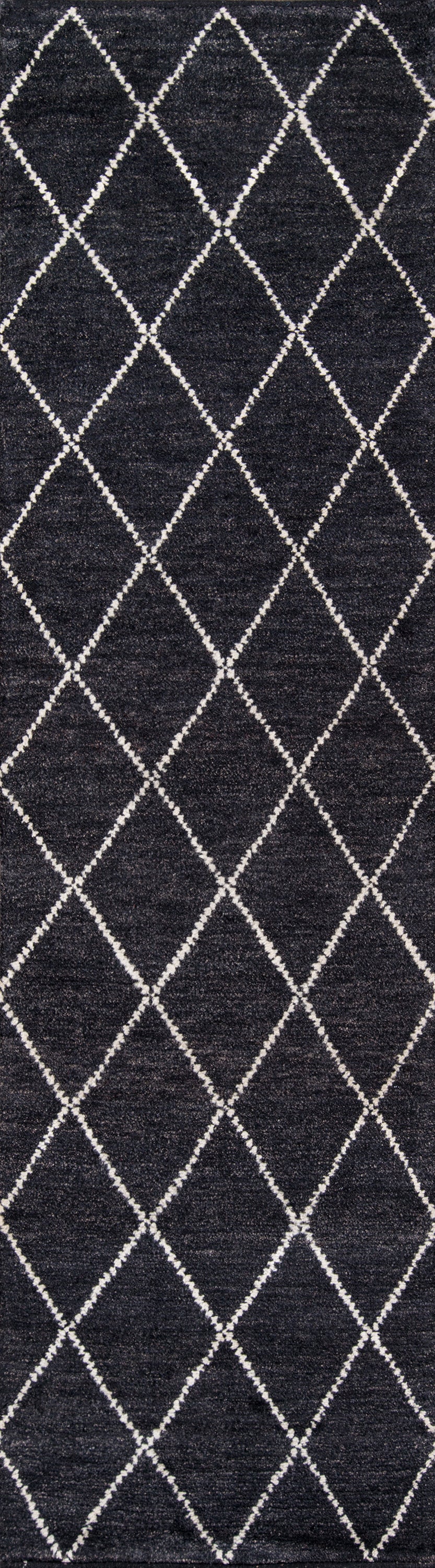 Dark navy runner with white diamond lattice pattern; woven texture, geometric modern decor.
