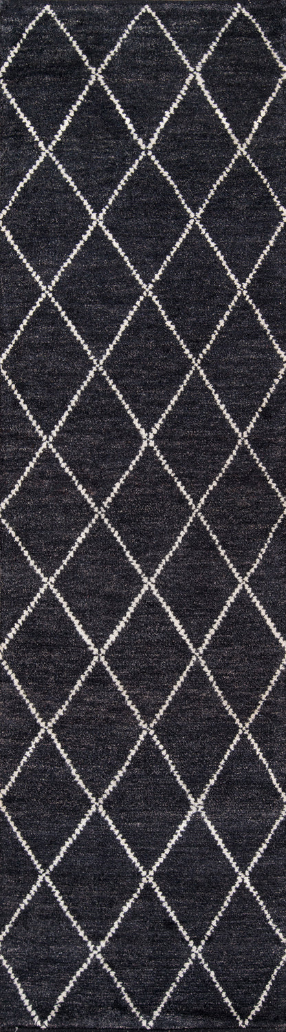 Dark navy rug with a white diamond lattice pattern; geometric, contemporary area rug suitable for living room or bedroom.