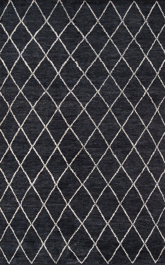 Charcoal rug with white diamond lattice pattern; modern geometric area rug.