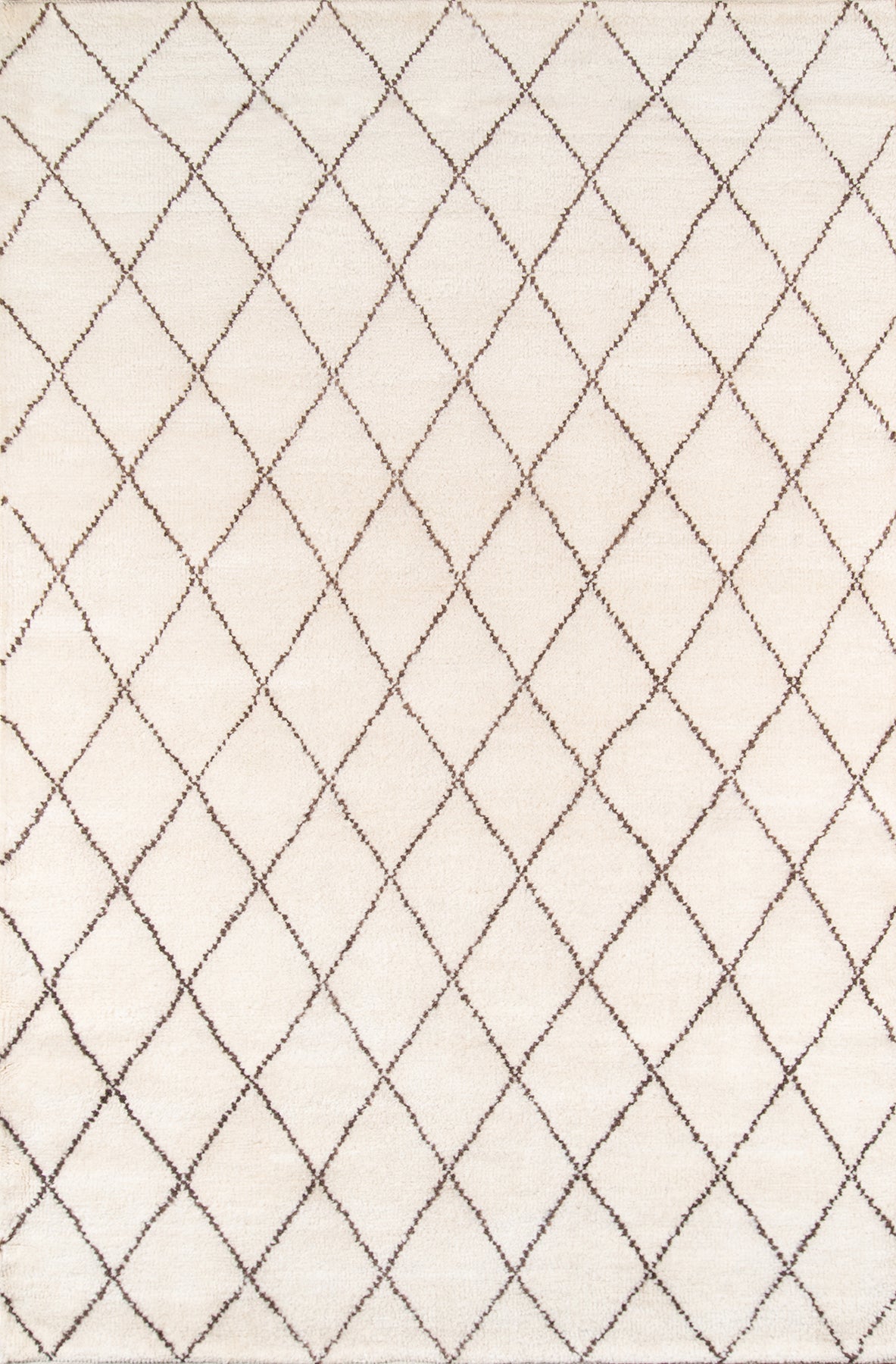 Beige runner rug with a brown diamond lattice pattern, soft textured pile, modern geometric style, 2' x 8'.