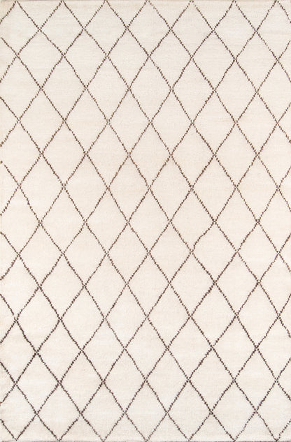 Beige runner rug with a brown diamond lattice pattern, soft textured pile, modern geometric style, 2' x 8'.