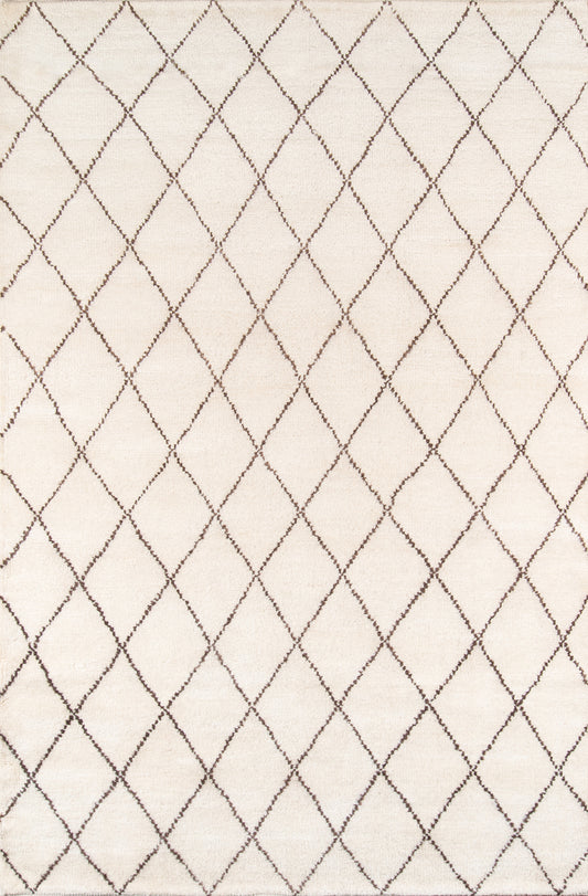 Beige runner rug with a brown diamond lattice pattern, soft textured pile, modern geometric style, 2' x 8'.