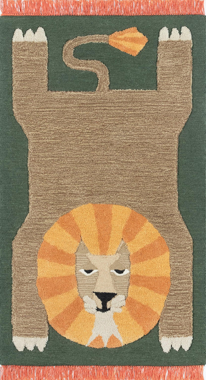 Brown cat-shaped rug on green field with an orange lion mane around a beige face, white paws, and orange fringe.