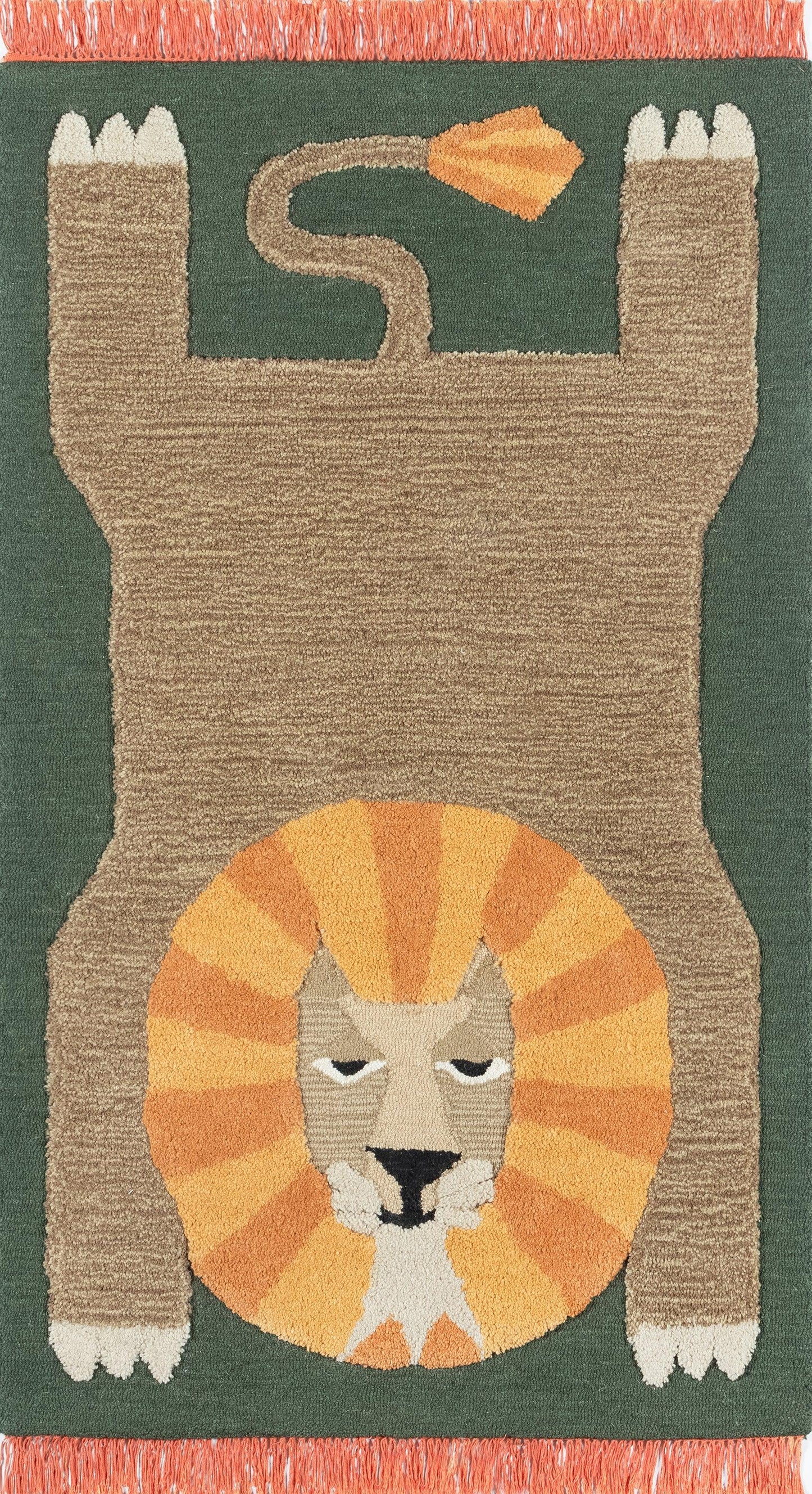 Cartoon lion rug: green background, tan body, orange mane around circular face, white paws, curling tail, orange fringe.