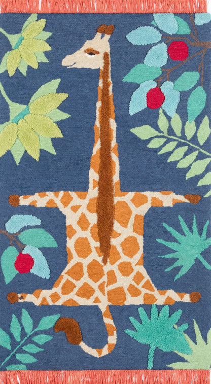 Giraffe motif rug: orange giraffe with white spots on blue, tropical leaves & red berries, coral fringe.