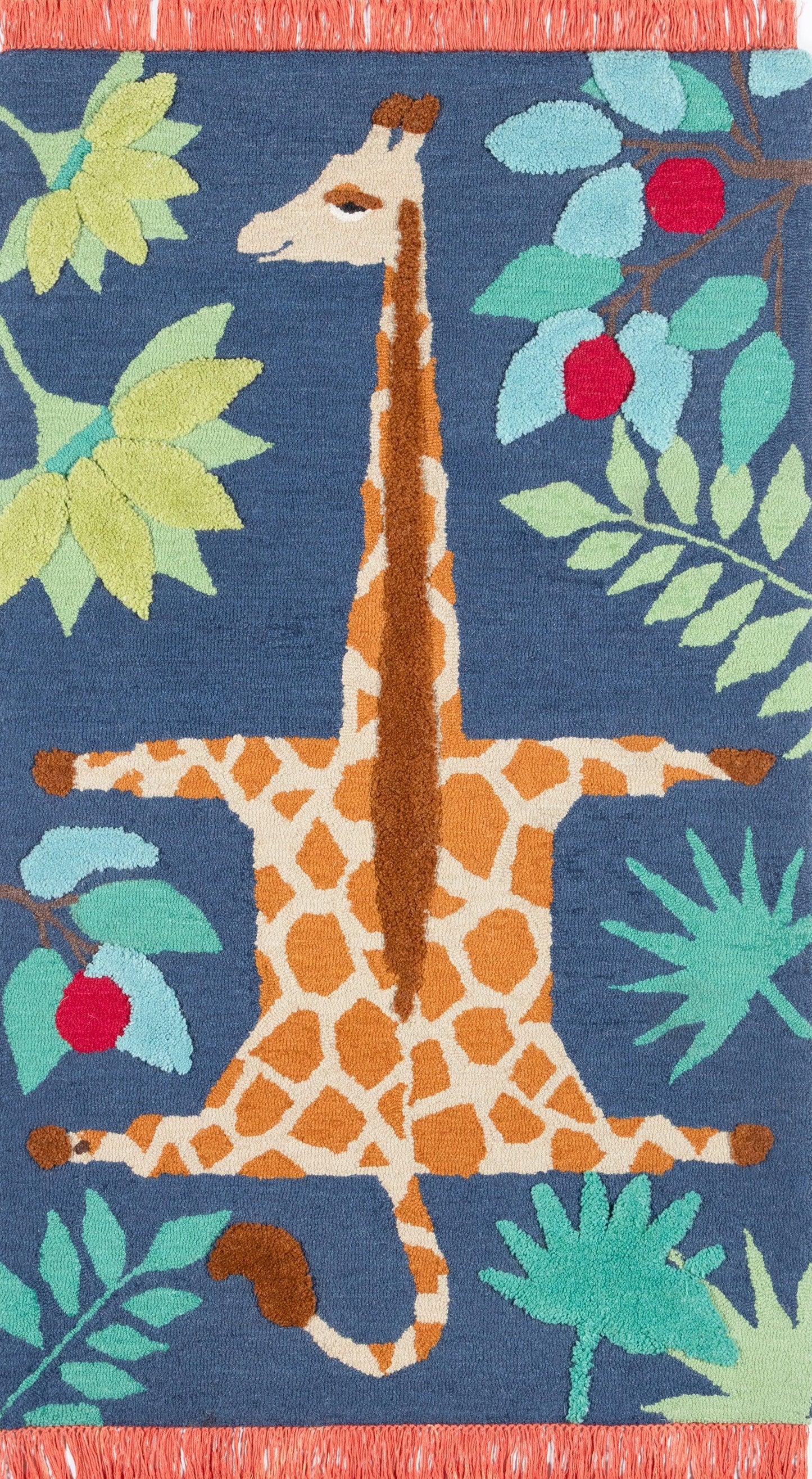 Whimsical navy kid's rug with a tall orange giraffe among tropical leaves and red berries; coral fringe.