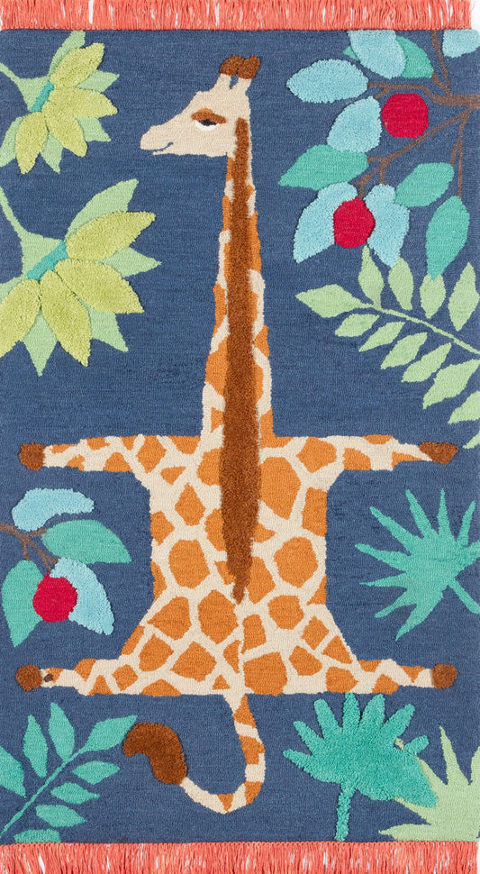 Whimsical navy kid's rug with a tall orange giraffe among tropical leaves and red berries; coral fringe.