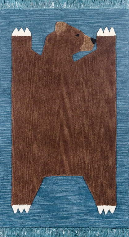 Brown rug with a blue field and bold geometric pattern.