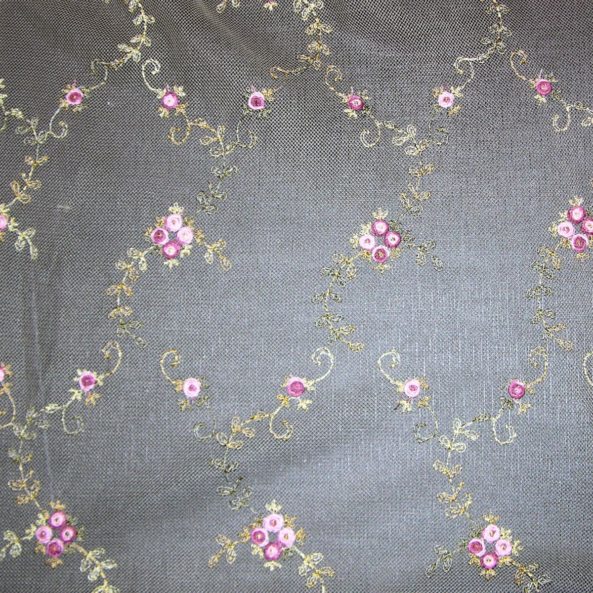 Green sheer fabric with rose motifs; lightweight material for evening wear.