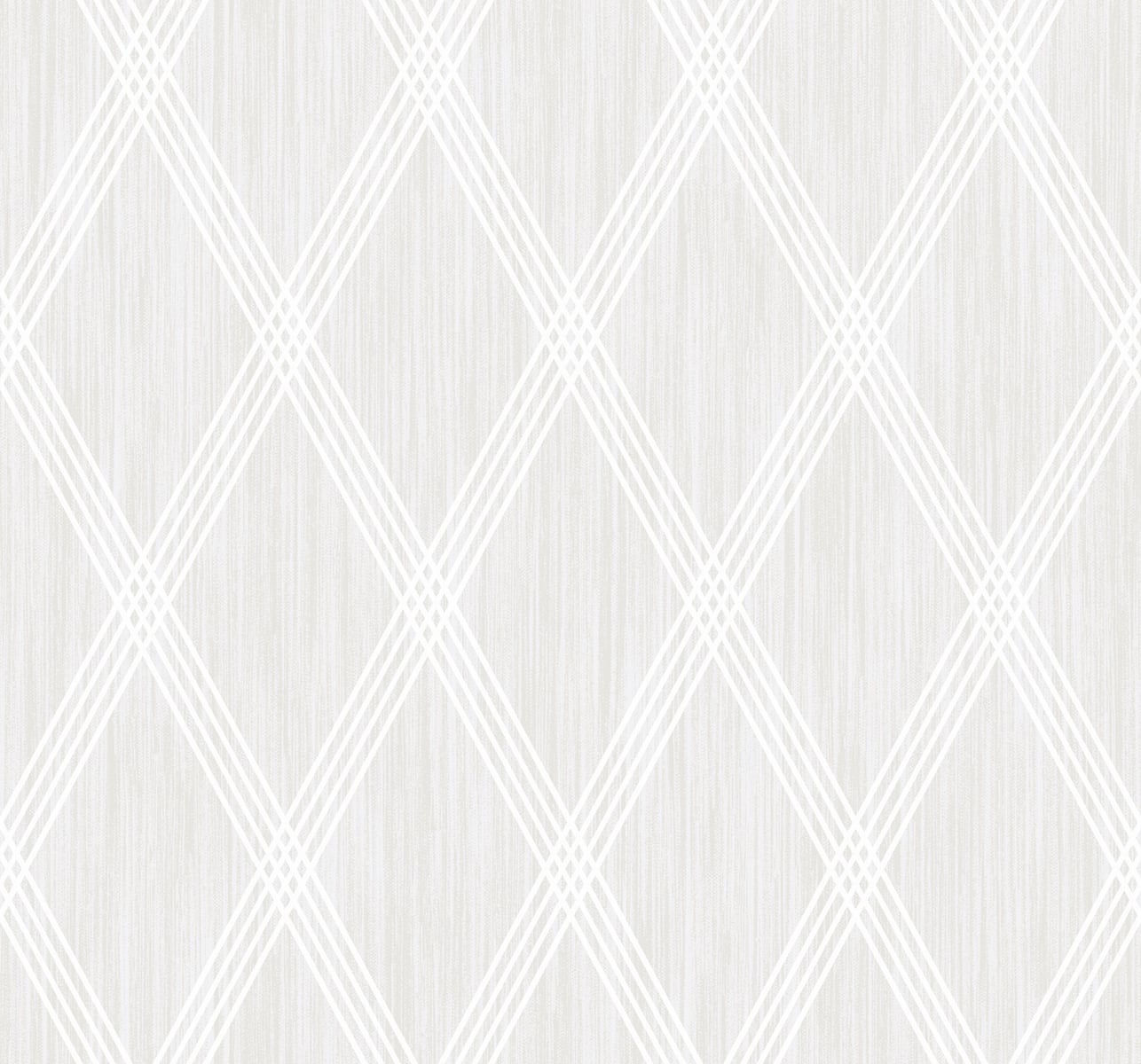 Light gray wallpaper with white diamond lattice pattern and subtle brushed texture.
