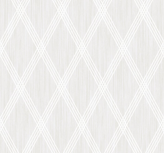 Light gray wallpaper with white diamond lattice pattern and subtle brushed texture.