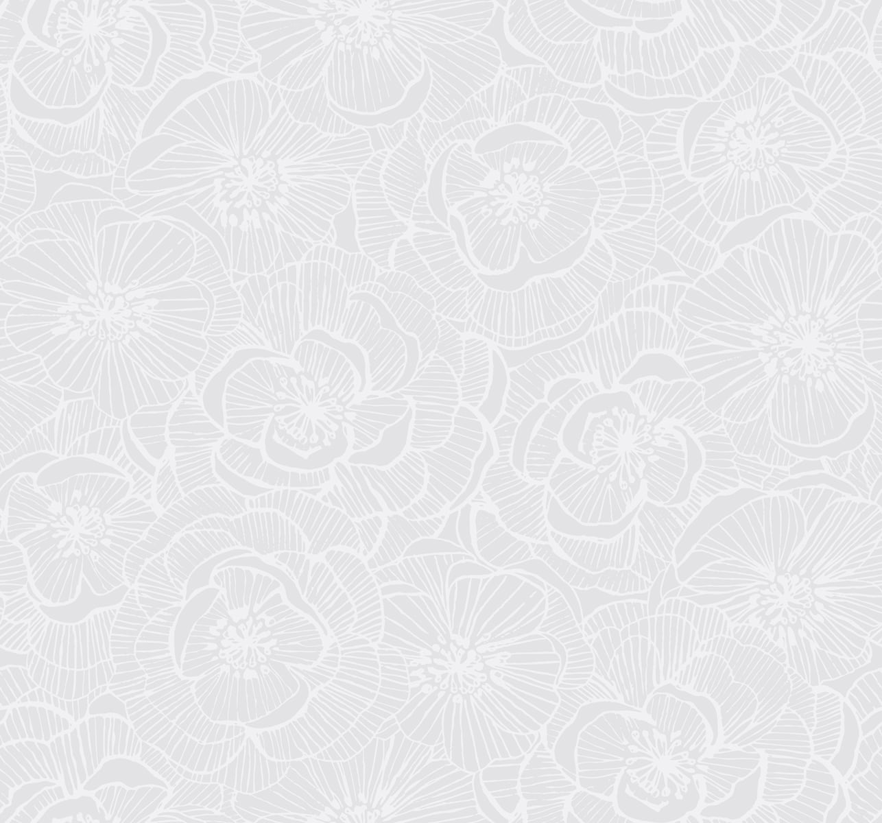 Light grey wallpaper with white floral pattern featuring large camellia-like flowers.