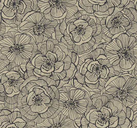Beige fabric with black line floral pattern of large poppy-like blooms; vintage botanical textile for upholstery.