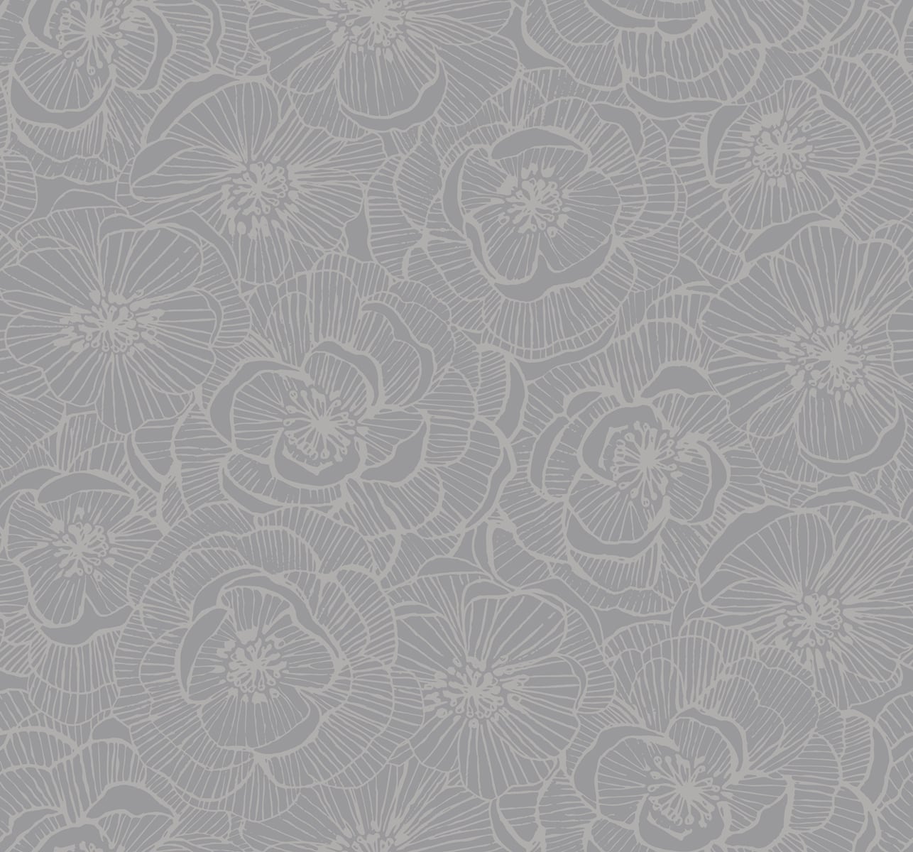 Gray wallpaper with white floral line-art of large blooming flowers in a repeating damask pattern.