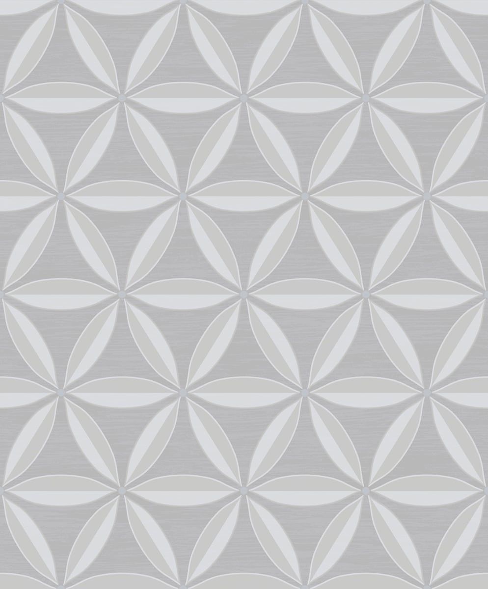 Grey and white geometric floral wallpaper with repeating circular petal motifs.