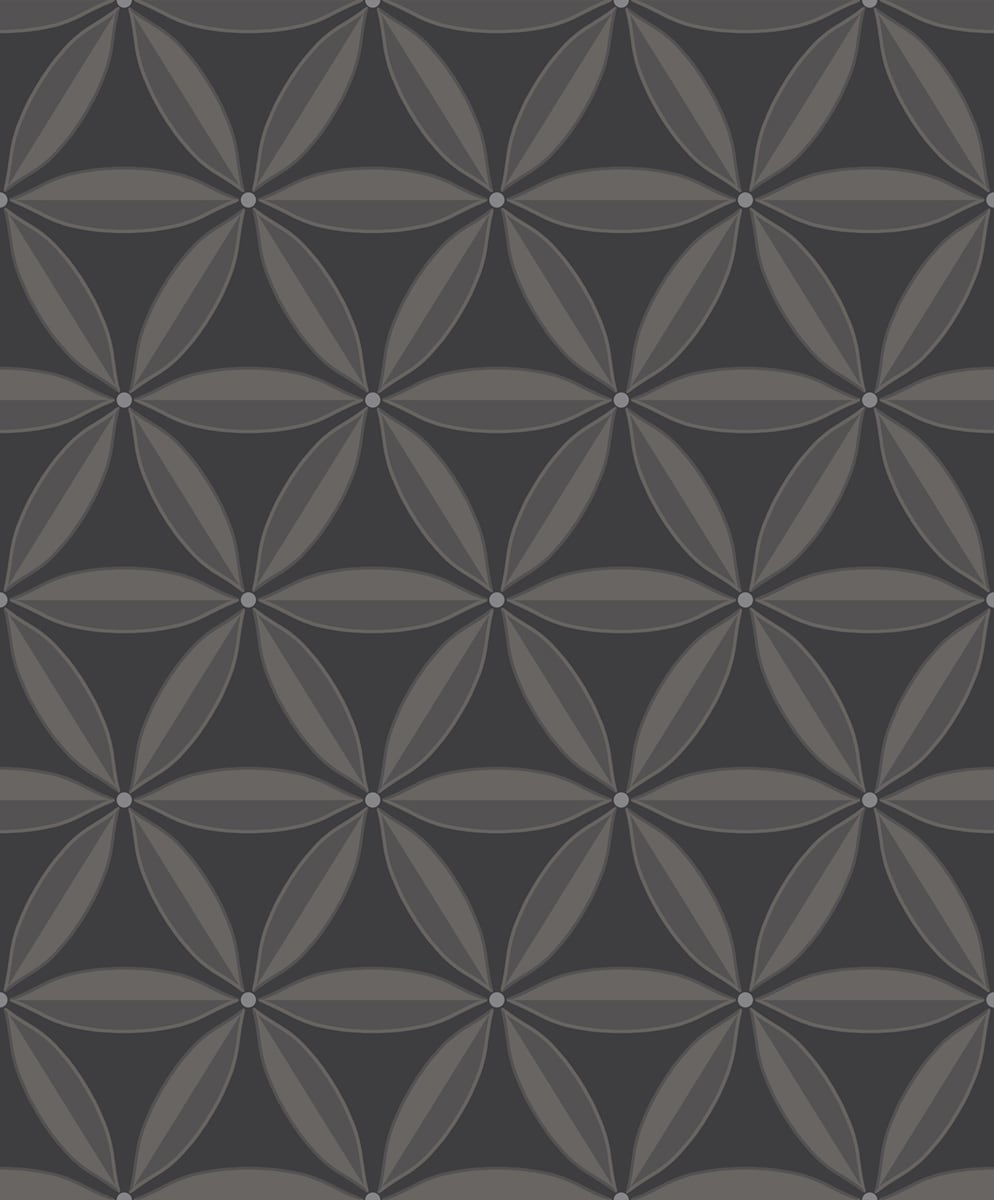 Dark charcoal wallpaper with a repeating light-gray flower-like tessellation of petal shapes and tiny center dots.