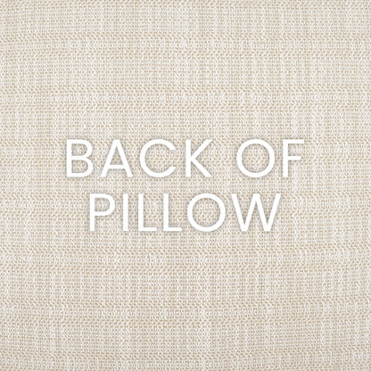 Back of pillow in beige Ashmolton light linen fabric with textured weave.