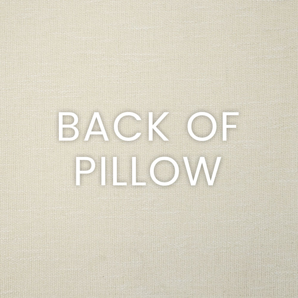 Beige textured linen-like back of pillow with white 'BACK OF PILLOW' lettering.