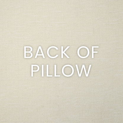 Beige textured linen-like back of pillow with white 'BACK OF PILLOW' lettering.