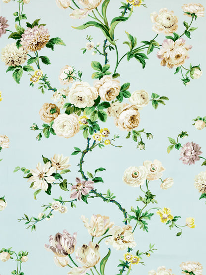Vintage floral pattern: cream roses with green vines on a pale celadon backdrop, fabric.
