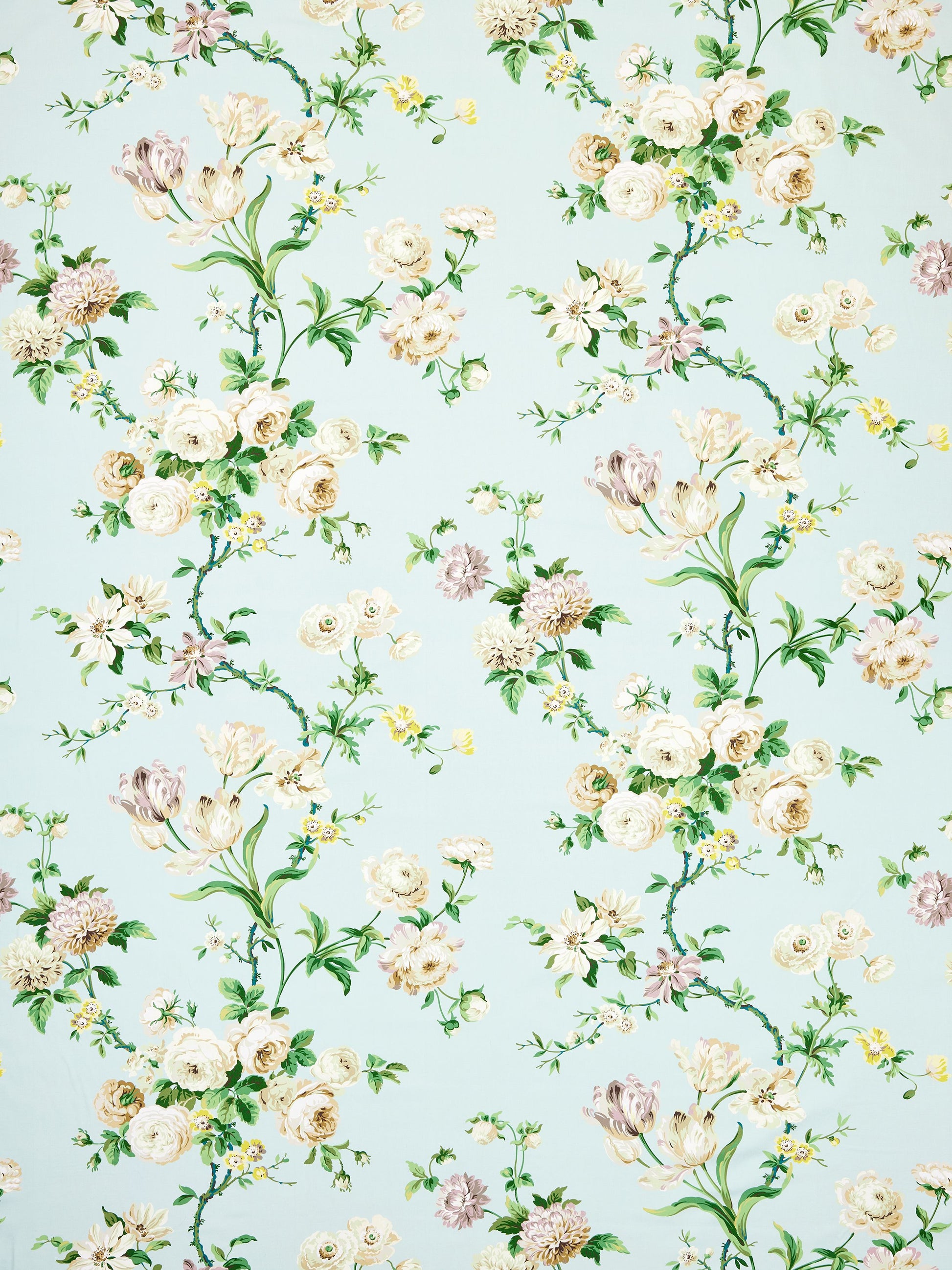 Pastel blue background with cream roses and green vines in a delicate floral pattern.